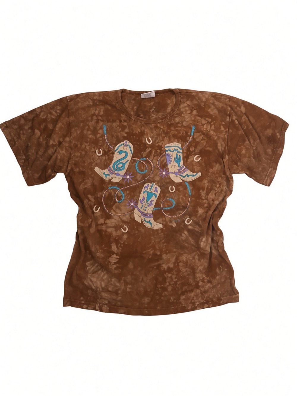 Brown Tie-Dye Short Sleeve Tee with Western Boot Graphic - Women